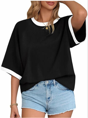 NEW LilyCoco Ringer Tee Casual Oversized Raglan Short Sleeve Shirt S